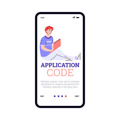 Onboarding page design for application code creating services, cartoon vector illustration. Mobile phone screen with young software developer writing code.