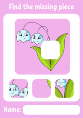 Find the missing piece. Education developing worksheet for kids. Puzzle game. Activity page. Cartoon character. Vector illustration.