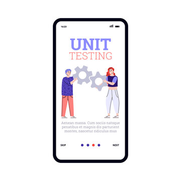 Onboarding page for unit testing computer programing services, cartoon vector illustration. Mobile interface design with cartoon people working on software testing.