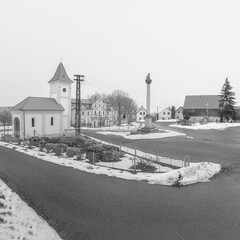 Polaky, Czech republic - February 21, 2021: centre of village in winter