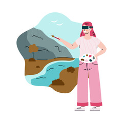 Girl artist in vr glasses draws picture in augmented virtual reality. Modern cyber entertainment, education or game using of computer technology. Flat vector isolated illustration.