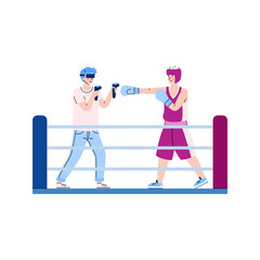 Fototapeta na wymiar Men with vr devices playing in sport video game using futuristic computer technologies. Simulation fight in boxing ring in cyberspace virtual augmented reality. Vector illustration