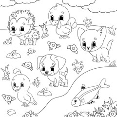 Coloring book for kids. Animal clipart. Cheerful characters. Vector illustration. Cute cartoon style. Black contour silhouette. Isolated on white background.