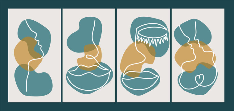 A continuous line of female facial features on template covers with abstract boho style inserts for social media. Vector illustration of modern universal backgrounds.