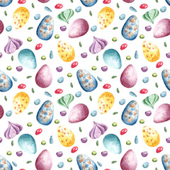 Seamless watercolor pattern with bright colored eggs, multicolored confetti and marshmallows. Easter pattern. Design for wrapping paper, backgrounds and more.