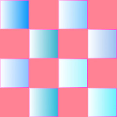 Seamless pattern of squares with gradient fill of blue shades on a pink background for textile.