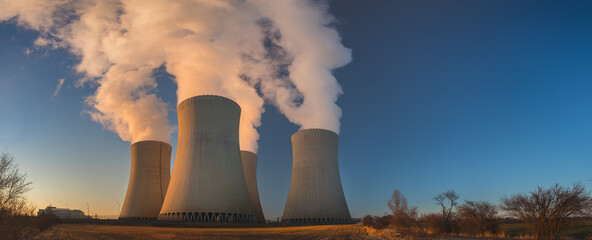 Temelin, Czech republic - 02 28 2021: Nuclear Power Plant Temelin, Steaming cooling towers in the...