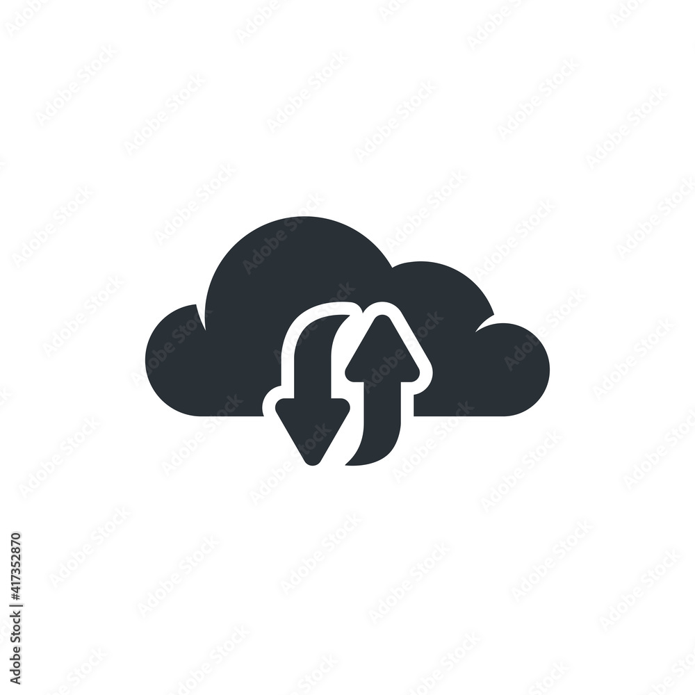 Poster flat vector image on white background, cloud icon with arrows, upload and download data to cloud
