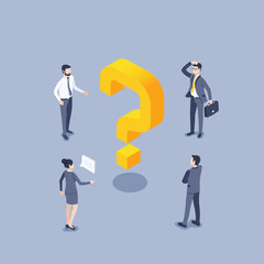 isometric vector illustration on gray background, people in dell's clothes are standing around a big yellow question mark, solving important business problems