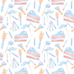 Pattern with birthday party attributes cake slice, holiday cap, firecracker, pipe, false moustache, false lips blue color