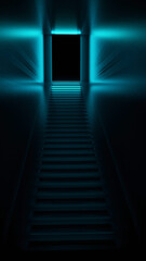 3d rendering of corridor, stairs, lights Abstract blue neon
