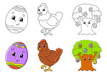Easter theme. Set coloring page for kids. Cute cartoon characters. Black stroke. With sample. Vector illustration.