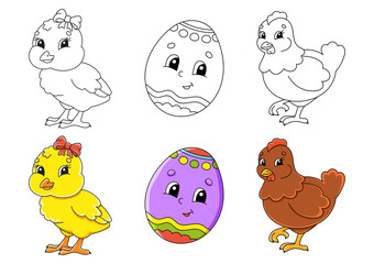 Easter theme. Set coloring page for kids. Cute cartoon characters. Black stroke. With sample. Vector illustration.