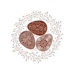 Easter folksy decorative Eggs with Ukrainian Pysanka folk art ornament in bird nest vector illustration isolated on white background. Traditional Easter design for Christian spring holidays.
