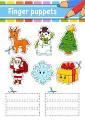 Finger puppets. Activity Game for kids. Christmas theme. Cute characters. Cartoon style. Christmas theme. Color vector illustration.