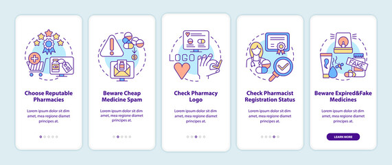 Buying medicine online tips onboarding mobile app page screen with concepts. Choose reputable pharmacies walkthrough 5 steps graphic instructions. UI vector template with RGB color illustrations