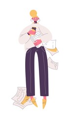 Obraz premium Young woman at work loosing papers because of insomnia. Lack of sleep, coffee and inefficiency concept illustration drawn with pink and yellow
