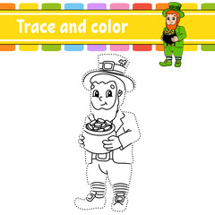 Trace and color. Coloring page for kids. St. Patrick's day. Handwriting practice. Education developing worksheet. Activity page. Game for toddlers. Isolated vector illustration. Cartoon style.