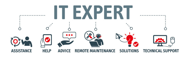 Banner of  IT Expert, Information Technology Advice, Services or technical support - vector illustration concept with icon - obrazy, fototapety, plakaty