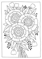 Coloring page for children and adults. Linear art. Floral black and white background for coloring.