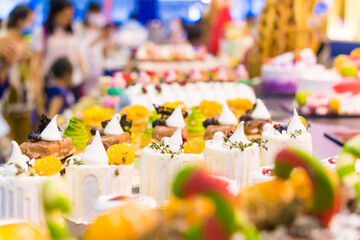 Catering sweets, closeup of various kinds of different types of Sweet Cakes in Bakery Shop