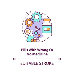 Pills with wrong or no medicine concept icon. Online pharmacy idea thin line illustration. Unregistered pharmacies threats. Vector isolated outline RGB color drawing. Editable stroke