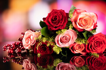 Bunch of roses on the bokeh background. Women’s day gift. 