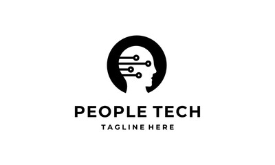 Black People Tech Logo head face with artificial intelligence technology circle logo design template