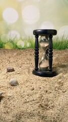 an hourglass measuring the time standing on the sand  - obrazy, fototapety, plakaty