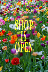 Shop is open spring background with flowers beautiful concept