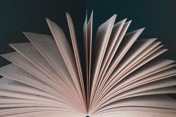 Symmetrical shot of an open book. pages fanned out in both directions. Crisp white pages against a...