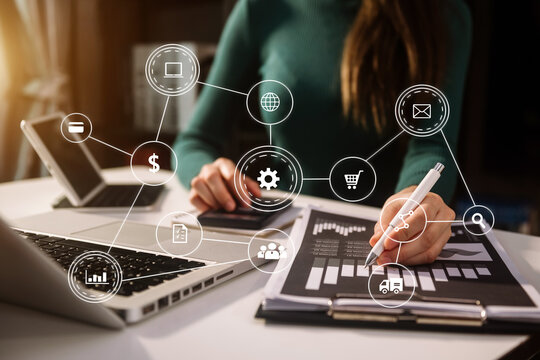 big data analytics with business intelligence concept. with VR chart and graph with icon.