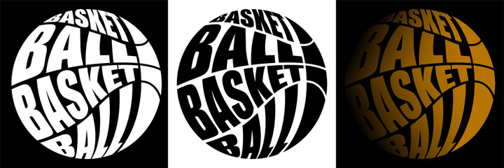 Volumetric letters with name BASKETBALL on background of sports ball. Element for print and design of sports competitions. Isolated vector © RNko