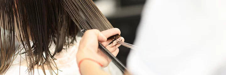 Gordijnen Hairdresser holds client's wet hair and cuts it. Training profession hairdresser concept © H_Ko