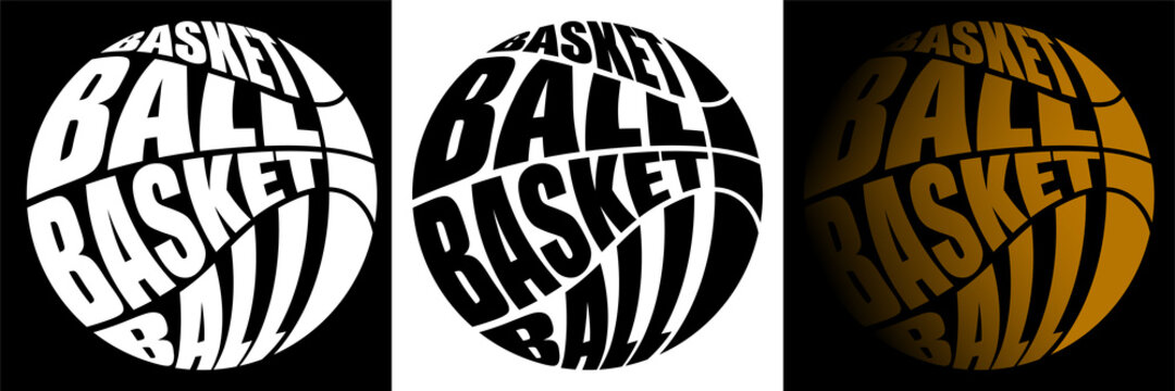 Volumetric letters with name BASKETBALL on background of sports ball. Element for print and design of sports competitions. Isolated vector