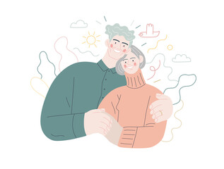 Medical insurance template -senior citizen health plan -modern flat vector concept digital illustration of a happy elderly embracing couple, medical insurance plan