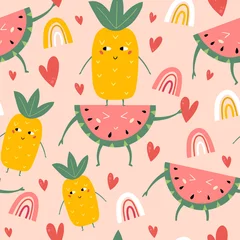 Foto auf Alu-Dibond Seamless pattern with pineapple and watermelon. Modern textile, greeting card, poster, wrapping paper designs. Vector illustration. © Evartfinds