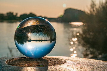 Crystal ball landscape shot at Metten, Danube, Bavaria, Germany