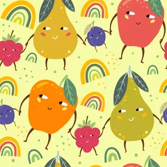 Fotobehang Seamless pattern with funny fruits. Modern textile, greeting card, poster, wrapping paper designs. Vector illustration.  © Evartfinds