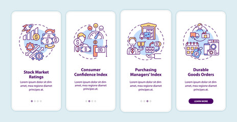 Economic recovery indicators onboarding mobile app page screen with concepts. Help market observer walkthrough 4 steps graphic instructions. UI vector template with RGB color illustrations