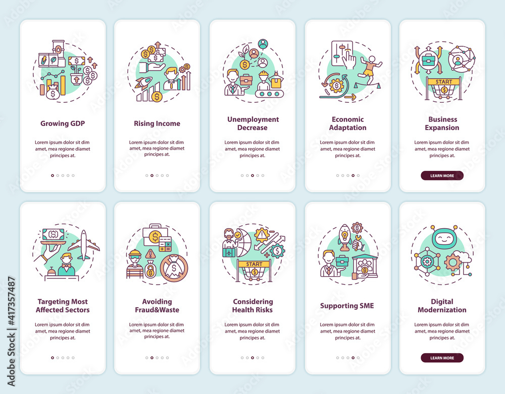 Poster economic recovery onboarding mobile app page screen with concepts set. considering health risks walk
