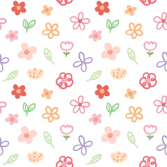 Seamless Pattern with Hand Drawn Flower Art Design on White Background