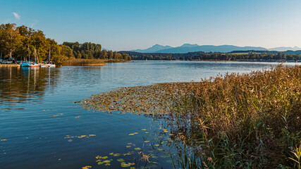 Beautiful autumn or indian summer view at the famous Waginger See, Waging, Bavaria, Germany