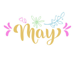 May word. May concept text with leaves, tulip, flowers. Vector illustration of May hand lettering text for poster, card, banner, template design. Spring month.