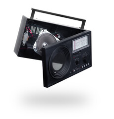 Disassembled and repairing of vintage radio on white background