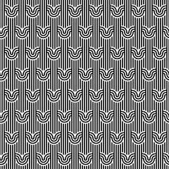 Seamless geometric striped pattern. Monochrome striped loopy ribbon, with maze elements. Geometric graphic texture. Endless striped monochrome background with winding elements. Vector