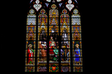 Brussels, Belgium - July 13, 2019: Stained glass window of the Cathedral of Saint Michael and Saint Gudula in Brussels, Belgium