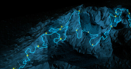 Overview of a winding hiking trail through the mountains with waypoints - 3d illustration © Christoph Burgstedt
