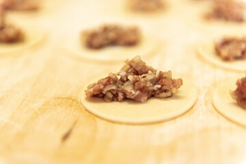 Homemade recipe for ravioli dumplings. Pelmeni-Russian dumplings on a wooden background