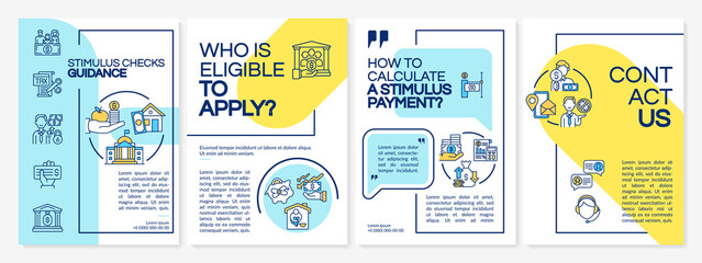 Fototapeta premium Stimulus checks guidance brochure template. Calculate stimulus payment. Flyer, booklet, leaflet print, cover design with linear icons. Vector layouts for magazines, annual reports, advertising posters